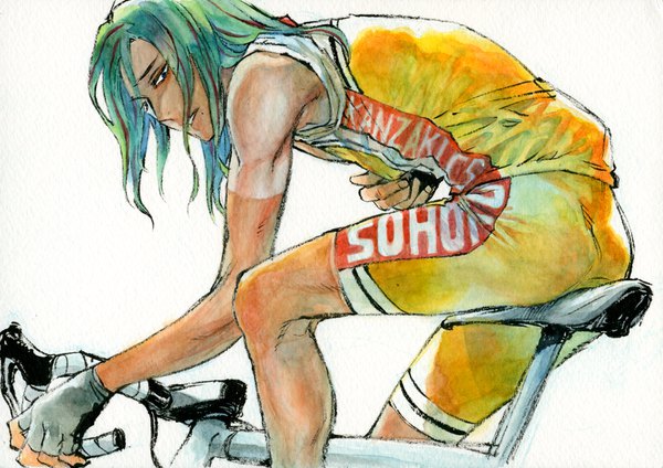 Anime picture 1000x708 with yowamushi pedal makishima yuusuke asami you single long hair looking at viewer simple background white background sitting green hair twisty sleeves traditional media tan tan lines boy gloves uniform shorts fingerless gloves gym uniform