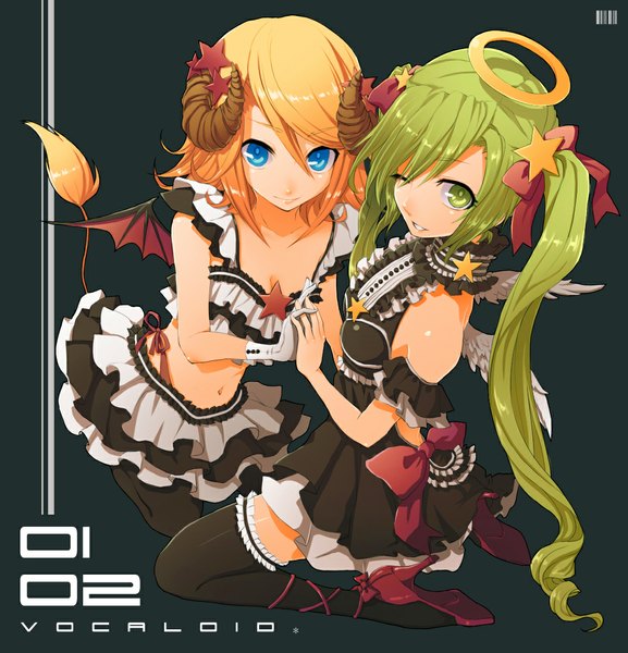 Anime picture 1089x1132 with vocaloid hatsune miku kagamine rin tall image blue eyes bare shoulders multiple girls green eyes cleavage green hair holding hands demon girl angel wings bat wings goth-loli angel angel and devil girl thighhighs dress