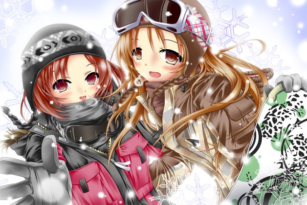 Anime picture 1350x900 with akairo no mako long hair blush short hair open mouth red eyes multiple girls red hair braid (braids) orange hair orange eyes snowing winter girl gloves 2 girls snowflake (snowflakes) winter clothes