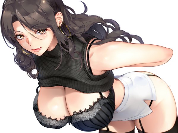 Anime picture 2000x1497 with original warabino matsuri single long hair looking at viewer blush fringe highres breasts light erotic black hair simple background hair between eyes large breasts standing white background bare shoulders brown eyes lips mole