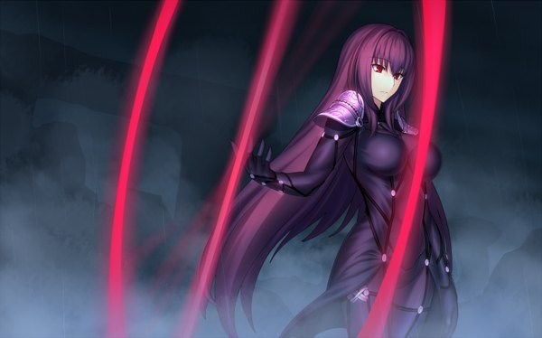 Anime picture 1500x937 with fate (series) fate/grand order type-moon scathach (fate) (all) scathach (fate) kotera ryou single long hair breasts light erotic red eyes wide image looking away purple hair dark background girl gloves elbow gloves