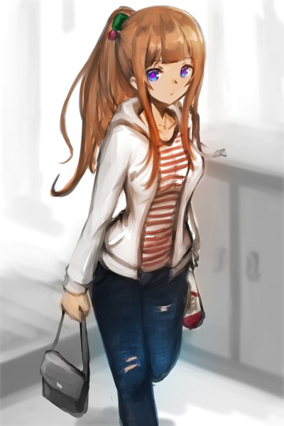 Anime picture 1000x1500 with virtual youtuber .live kakyouin chieri kutar22 single long hair tall image looking at viewer fringe blue eyes brown hair standing holding payot ponytail blunt bangs parted lips open jacket torn clothes symbol-shaped pupils