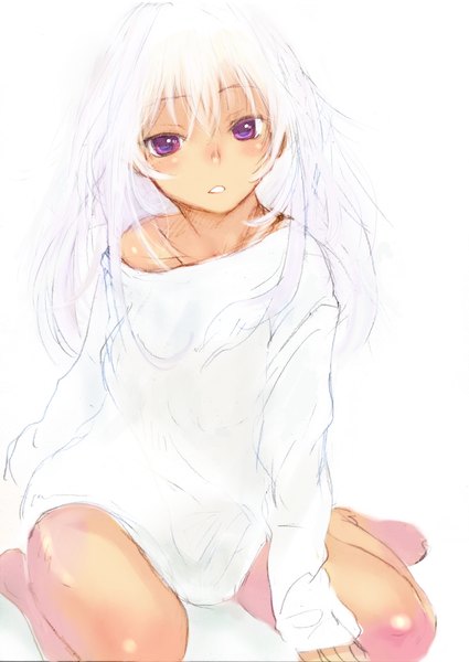 Anime picture 861x1215 with original nimirom single long hair tall image looking at viewer open mouth simple background white background sitting bare shoulders bent knee (knees) white hair long sleeves pink eyes barefoot bare legs no shoes girl sweater