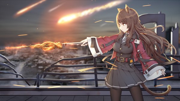 Anime picture 1920x1080 with arknights skyfire (arknights) liu lan single long hair fringe highres breasts brown hair wide image standing holding brown eyes animal ears looking away sky cloud (clouds) outdoors tail animal tail