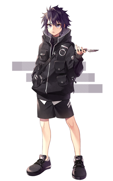 Anime picture 626x1000 with grand chase sieghart (grand chase) sal single tall image fringe short hair black hair hair between eyes standing white background full body black eyes hand in pocket bloody weapon boy shoes jacket shorts blood