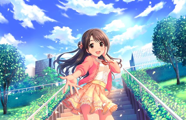 Anime picture 1280x824 with idolmaster idolmaster cinderella girls shimamura uzuki single long hair looking at viewer blush fringe open mouth smile brown hair brown eyes sky cloud (clouds) official art one side up outstretched hand girl skirt plant (plants)