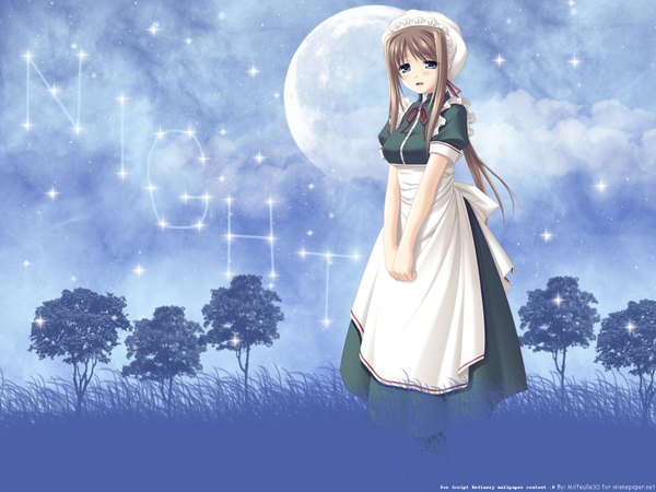 Anime picture 1600x1200 with white clarity single long hair looking at viewer blush fringe open mouth blue eyes brown hair payot sky full body outdoors night maid night sky girl uniform headdress maid headdress