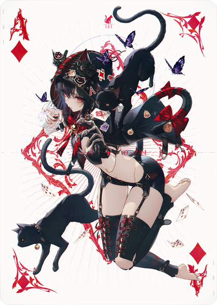 Anime picture 4274x6000 with original wanke single tall image blush fringe highres short hair breasts light erotic black hair simple background hair between eyes red eyes white background animal ears looking away absurdres cleavage full body