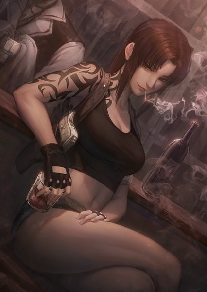 Anime picture 3555x5008 with black lagoon madhouse revy (black lagoon) peachpa long hair tall image looking at viewer fringe highres breasts brown hair sitting bare shoulders holding brown eyes payot absurdres cleavage ponytail indoors