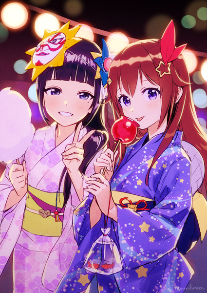 Anime picture 1003x1417 with virtual youtuber hololive aoi ch. tokino sora fuji aoi morikura en long hair tall image looking at viewer blush fringe black hair purple eyes multiple girls red hair blunt bangs traditional clothes japanese clothes mole mole under eye