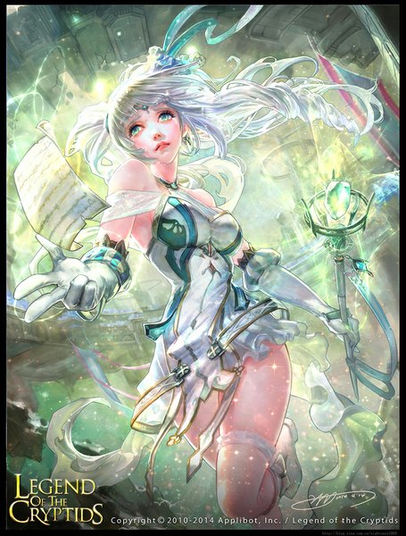 Anime picture 759x1000 with legend of the cryptids yu-han single long hair tall image bare shoulders green eyes silver hair lips legs crying girl dress gloves earrings staff teardrop