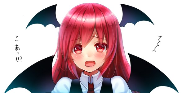 Anime picture 1400x700 with touhou koakuma tsukiriran single long hair looking at viewer blush open mouth simple background red eyes wide image white background red hair teeth fang (fangs) demon girl demon wings head wings speaking girl