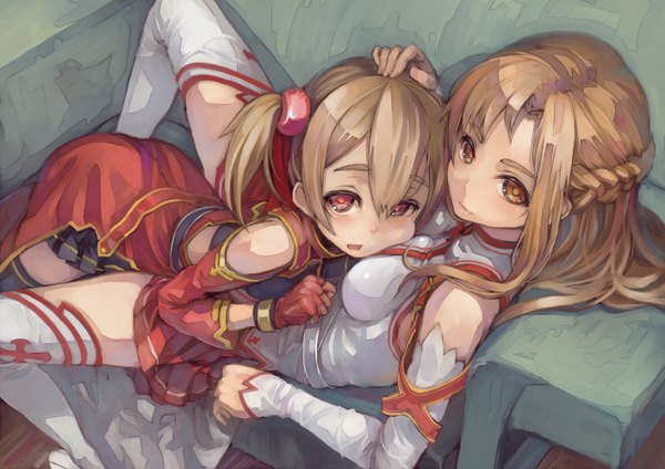 Anime picture 1414x1000 with sword art online a-1 pictures yuuki asuna silica suzuno (bookshelf) long hair short hair open mouth red eyes brown hair twintails multiple girls brown eyes short twintails girl thighhighs 2 girls detached sleeves couch