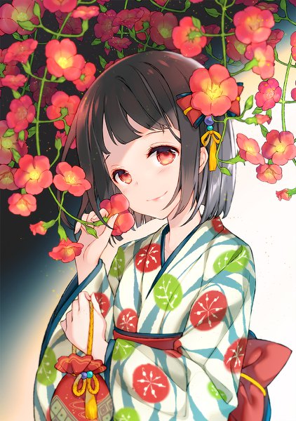 Anime picture 844x1200 with original juna single tall image looking at viewer blush fringe short hair black hair smile red eyes holding upper body traditional clothes head tilt japanese clothes hair flower fingernails wide sleeves girl