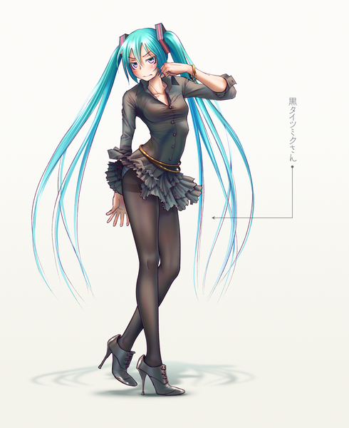 Anime picture 882x1080 with vocaloid hatsune miku wokada single long hair tall image looking at viewer blush blue eyes light erotic simple background standing white background purple eyes twintails very long hair aqua hair high heels skirt lift open collar
