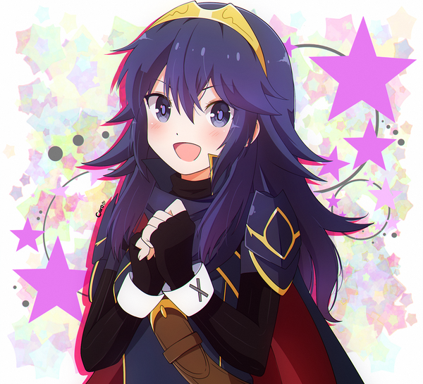 Anime picture 2089x1904 with fire emblem fire emblem awakening lucina (fire emblem) caro-xy single long hair looking at viewer blush fringe highres open mouth hair between eyes purple eyes signed purple hair upper body girl gloves fingerless gloves star (symbol)