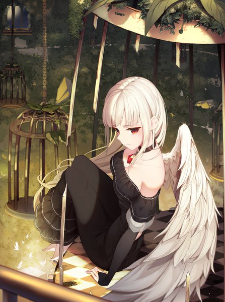 Anime picture 1000x1341 with original sugar (dndi888) single long hair tall image blush fringe breasts red eyes sitting bare shoulders looking away white hair barefoot from above off shoulder night slit pupils angel wings white wings