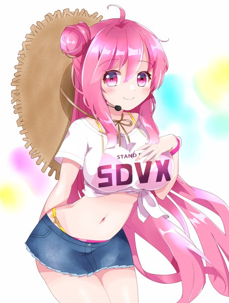 Anime picture 820x1084 with sound voltex rasis poplin single long hair tall image looking at viewer blush fringe breasts light erotic simple background smile hair between eyes standing pink hair ahoge pink eyes midriff hair bun (hair buns)