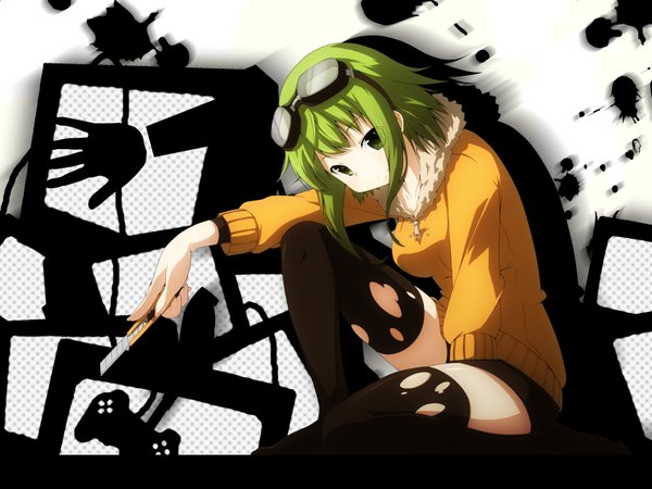 Anime picture 1600x1200 with vocaloid life reset button (vocaloid) gumi yuzuki kei single looking at viewer short hair sitting green eyes green hair girl thighhighs black thighhighs shorts sweater goggles torn thighhighs boxcutter