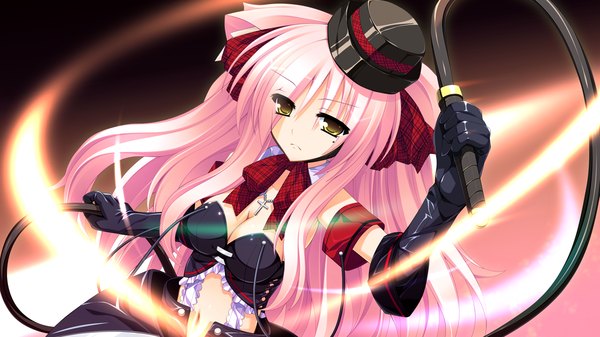 Anime picture 1280x720 with tiny dungeon (game) rosebleu long hair wide image animal ears yellow eyes pink hair game cg girl gloves hat whip