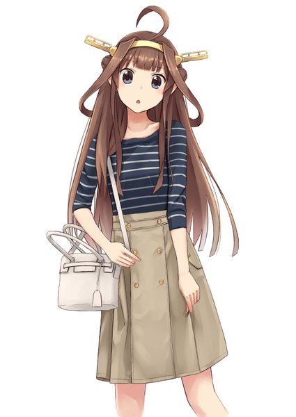 Anime picture 600x847 with kantai collection kongou battleship azu (azusayumix) single long hair tall image looking at viewer fringe open mouth blue eyes simple background brown hair white background ahoge striped casual girl skirt bag long skirt