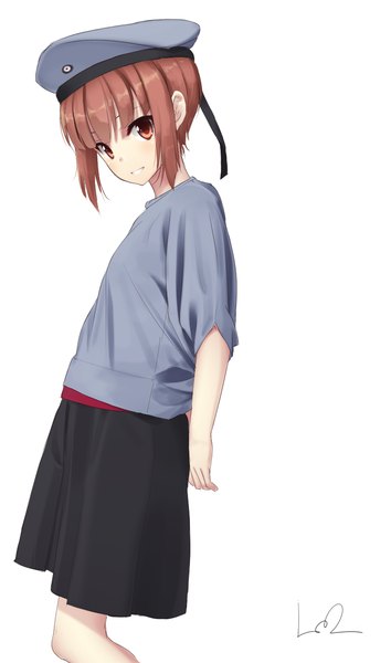 Anime picture 766x1298 with kantai collection z3 destroyer (max schultz) lo (rogu ryouiki) single tall image looking at viewer fringe short hair simple background smile brown hair standing white background brown eyes clenched teeth girl skirt peaked cap