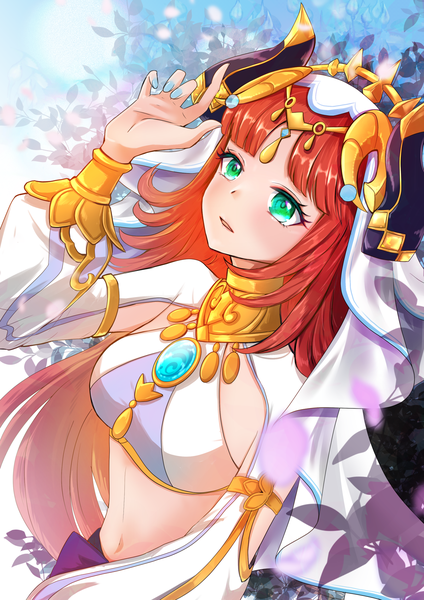 Anime picture 1343x1900 with genshin impact nilou (genshin impact) tamayura (artist) single long hair tall image blush fringe twintails green eyes upper body red hair blunt bangs long sleeves nail polish parted lips arm up horn (horns) midriff low twintails