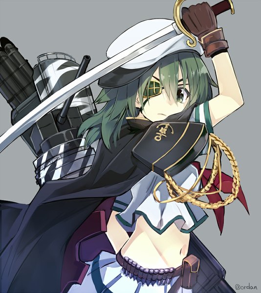 Anime picture 890x1000 with kantai collection kiso light cruiser orda single long hair tall image looking at viewer simple background green eyes green hair grey background bare belly girl gloves navel weapon sword gun cape eyepatch