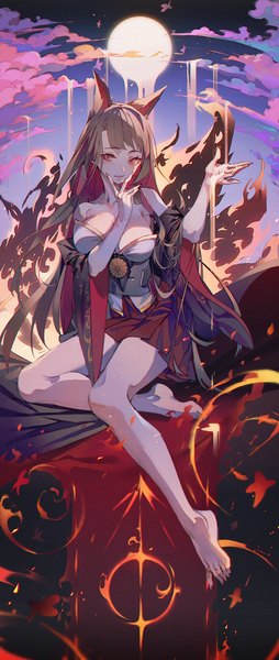 Anime picture 1615x3812 with azur lane akagi (azur lane) hxxg single long hair tall image looking at viewer blush fringe breasts light erotic smile brown hair large breasts sitting brown eyes animal ears cleavage cloud (clouds) full body