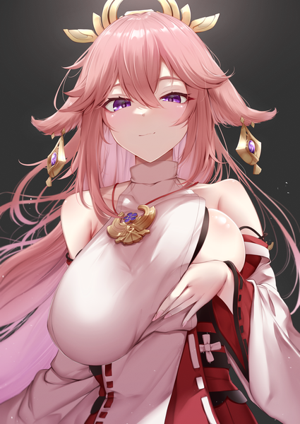 Anime picture 1529x2160 with genshin impact yae miko yigra don single long hair tall image looking at viewer blush fringe breasts light erotic hair between eyes large breasts purple eyes bare shoulders animal ears pink hair upper body traditional clothes japanese clothes