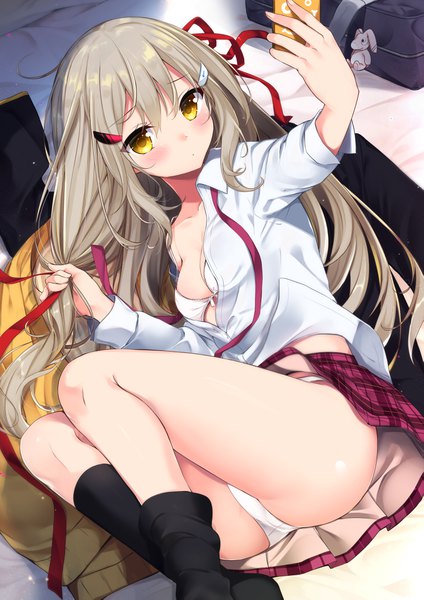 Anime picture 2894x4093 with original moe2019 sasahara wakaba single long hair tall image looking at viewer blush fringe highres breasts light erotic hair between eyes brown hair holding yellow eyes payot ahoge bent knee (knees) ass