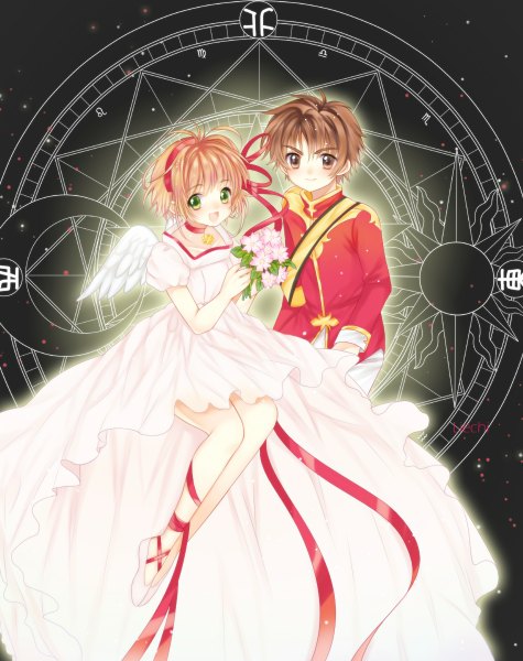 Anime picture 950x1200 with card captor sakura clamp kinomoto sakura li xiaolang liechi tall image looking at viewer short hair open mouth smile brown hair sitting holding brown eyes green eyes light smile couple magic black background girl