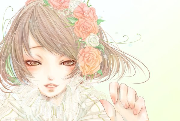 Anime picture 1754x1179 with original cartolaio single looking at viewer highres short hair open mouth smile brown hair brown eyes nail polish hair flower bad proportions girl hair ornament flower (flowers) rose (roses) leaf (leaves) white rose