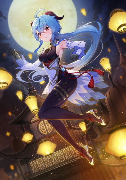 Anime picture 1000x1417 with genshin impact ganyu (genshin impact) amano misaki (artist) single long hair tall image looking at viewer blush fringe breasts light erotic hair between eyes red eyes blue hair cloud (clouds) full body ahoge bent knee (knees) outdoors ass
