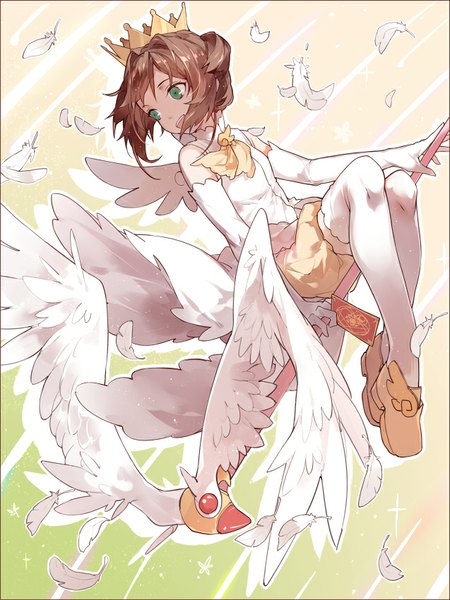 Anime picture 637x850 with card captor sakura clamp kinomoto sakura nine (liuyuhao1992) single tall image short hair open mouth brown hair green eyes looking away :d two side up flying angel wings magical girl girl thighhighs gloves white thighhighs