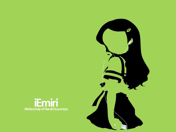 Anime picture 1024x768 with suzumiya haruhi no yuutsu kyoto animation ipod kimidori emiri silhouette green background parody girl