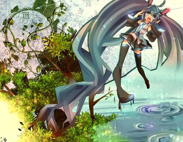 Anime picture 1500x1166 with vocaloid hatsune miku haruka (fizz) long hair open mouth twintails aqua eyes aqua hair tears girl skirt plant (plants) detached sleeves miniskirt tree (trees) water necktie thigh boots