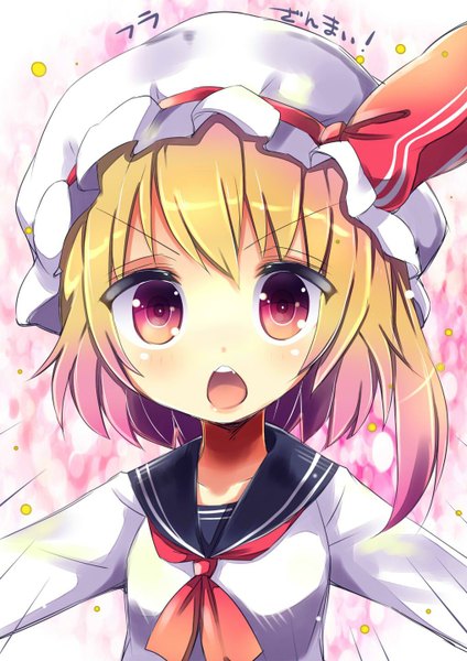 Anime picture 1018x1440 with touhou flandre scarlet uta (kuroneko) single tall image looking at viewer blush short hair open mouth blonde hair red eyes alternate costume one side up spread arms girl uniform serafuku bonnet