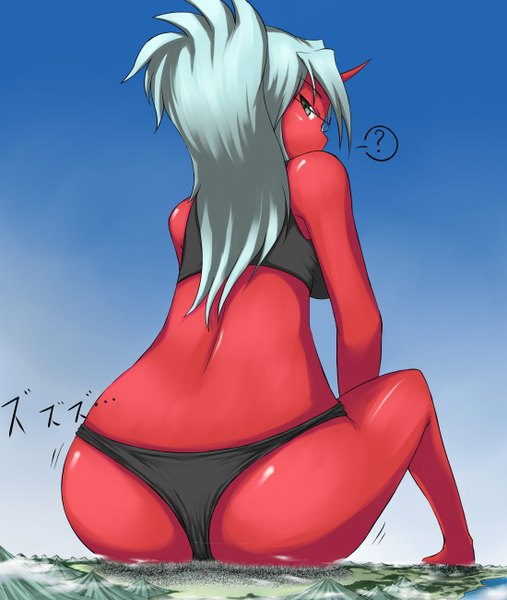 Anime picture 2200x2600 with panty & stocking with garterbelt kneesocks (character) terada ochiko long hair tall image highres light erotic sitting green eyes blue hair ass looking back horn (horns) back city mountain giant red skin girl underwear