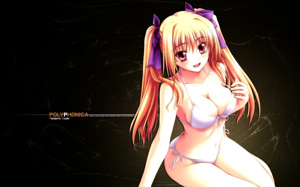 Anime picture 1920x1200 with shinkyoku soukai polyphonica yugiri perserte kannatsuki noboru single long hair looking at viewer fringe highres breasts open mouth light erotic blonde hair smile red eyes wide image sitting twintails :d character names third-party edit