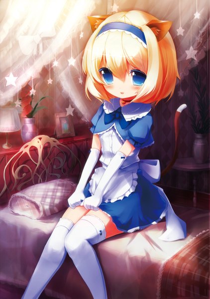 Anime picture 2425x3445 with tahal (artist) tall image highres short hair blue eyes animal ears tail cat ears orange hair maid cat tail loli girl thighhighs gloves white thighhighs elbow gloves hairband star (symbol) bed
