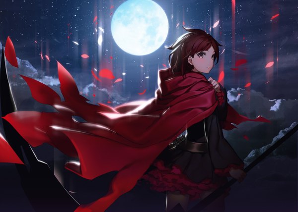 Anime picture 3624x2590 with rwby rooster teeth ruby rose ac (eshi) single looking at viewer highres short hair brown hair brown eyes absurdres cloud (clouds) ahoge wind night wide sleeves night sky girl dress weapon