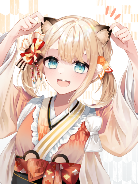 Anime picture 1500x2000 with virtual youtuber hololive kazama iroha kazama iroha (new year) ougi (u to4410) single tall image short hair open mouth blue eyes blonde hair twintails animal ears traditional clothes :d japanese clothes arms up official alternate costume short twintails yagasuri