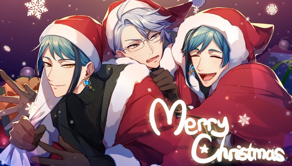 Anime picture 1361x773 with twisted wonderland floyd leech jade leech azul ashengrotto dodoss dont short hair open mouth smile wide image silver hair eyes closed multicolored hair aqua hair two-tone hair multiple boys streaked hair heterochromia christmas sweatdrop siblings