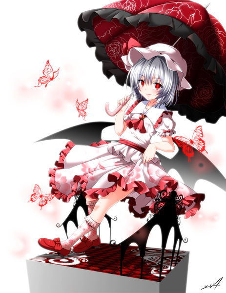 Anime picture 773x1000 with touhou remilia scarlet haru-yua (artist) single tall image looking at viewer blush short hair red eyes white background silver hair girl dress skirt wings socks shoes insect butterfly umbrella