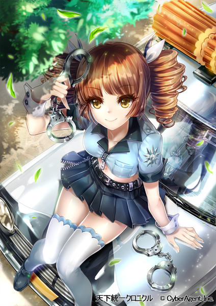 Anime picture 600x849 with original interitio single tall image fringe short hair smile brown hair sitting twintails yellow eyes from above zettai ryouiki drill hair short twintails looking up police girl thighhighs uniform