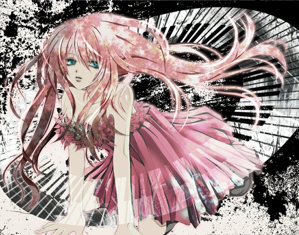 Anime picture 1100x864 with vocaloid megurine luka aonoe single long hair blue eyes bare shoulders pink hair girl dress musical instrument piano
