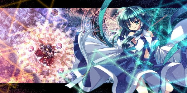 Anime picture 1200x600 with touhou hakurei reimu kochiya sanae capura lin long hair fringe smile brown hair wide image multiple girls green eyes payot green hair hair over one eye yin yang girl skirt bow 2 girls hair bow