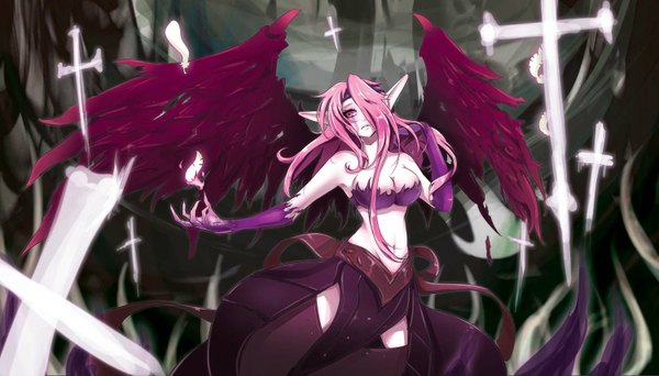 Anime picture 1500x857 with league of legends morgana (league of legends) beanbean1988 single long hair fringe breasts light erotic wide image bare shoulders looking away pink hair pink eyes fingernails pointy ears hair over one eye midriff long fingernails girl navel