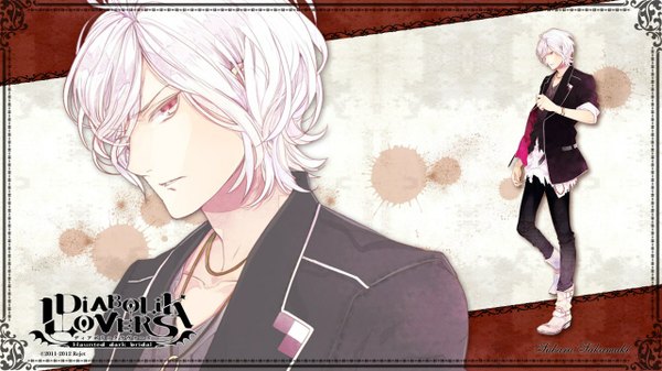 Anime picture 1280x720 with diabolik lovers idea factory sakamaki subaru single looking at viewer highres short hair blonde hair simple background red eyes wide image white background game cg white hair inscription boy blood suit
